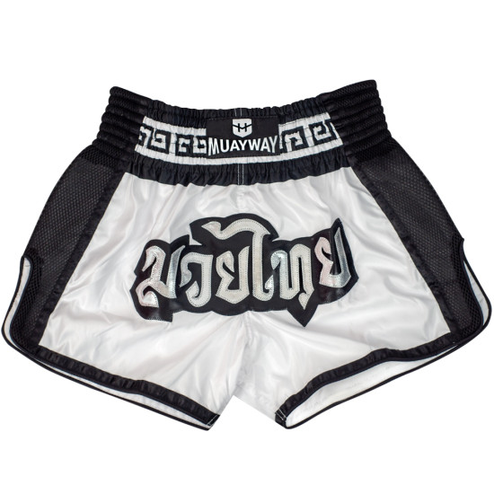 Muayway "Meander" Muay Thai Boxing Shorts White + Branded Keychain 