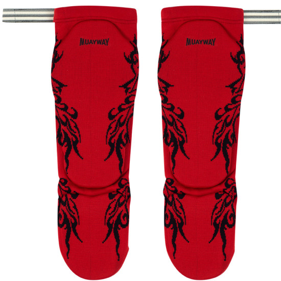 Muayway Shin Guards Cotton Elastic Competition Red Graphic Print + Branded Keychain