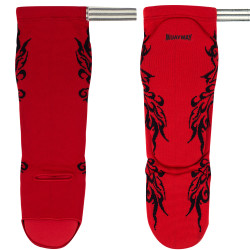 Muayway Shin Guards Cotton Elastic Competition Red Graphic Print + Branded Keychain