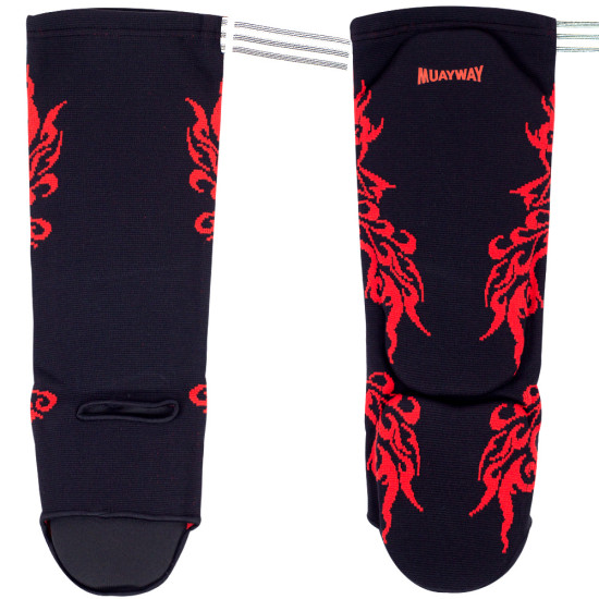 Muayway Shin Guards Cotton Elastic Competition Black Graphic Print + Branded Keychain