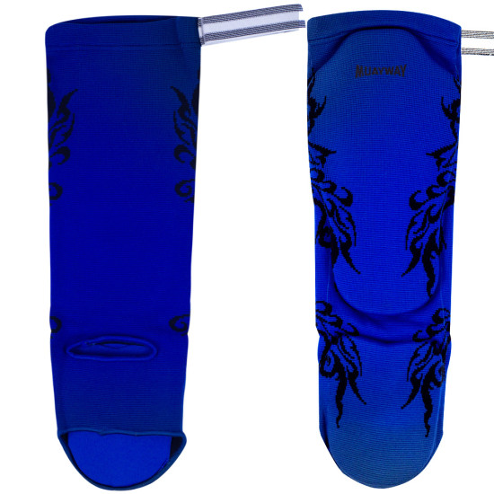 Muayway Shin Guards Cotton Elastic Competition Blue Graphic Print + Branded Keychain