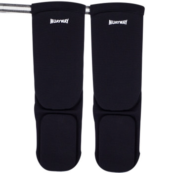 Muayway Shin Guards Cotton Elastic Competition Black + Branded Keychain