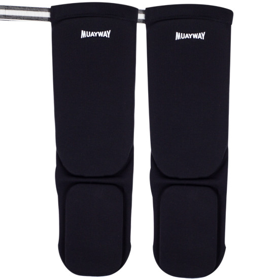 Muayway Shin Guards Cotton Elastic Competition Black + Branded Keychain