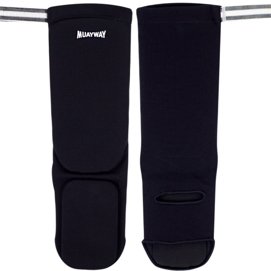 Muayway Shin Guards Cotton Elastic Competition Black + Branded Keychain